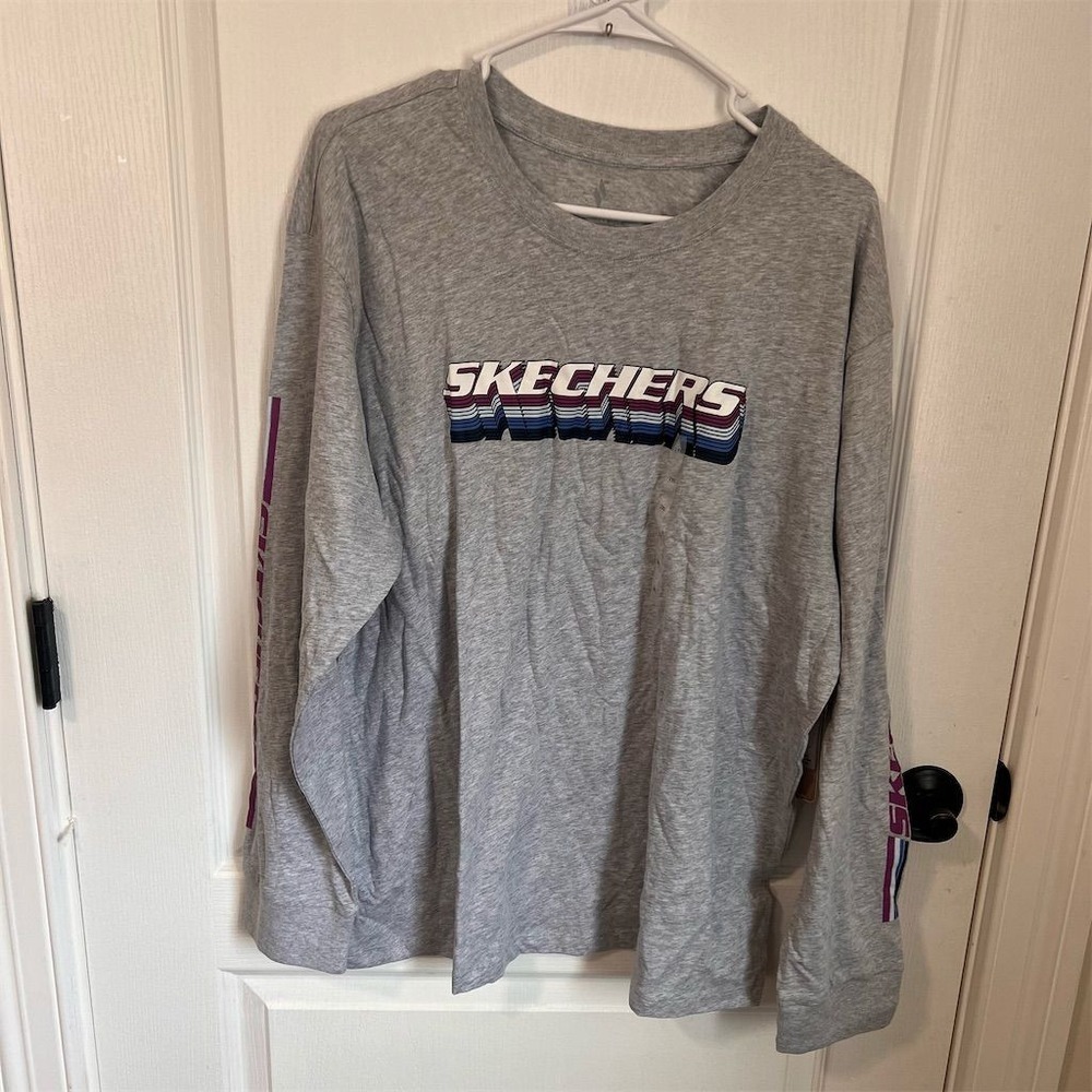 Skechers Men's Gray Graphic Print Crew Neck Tee Long Sleeve Shirt Size 2XL NWT